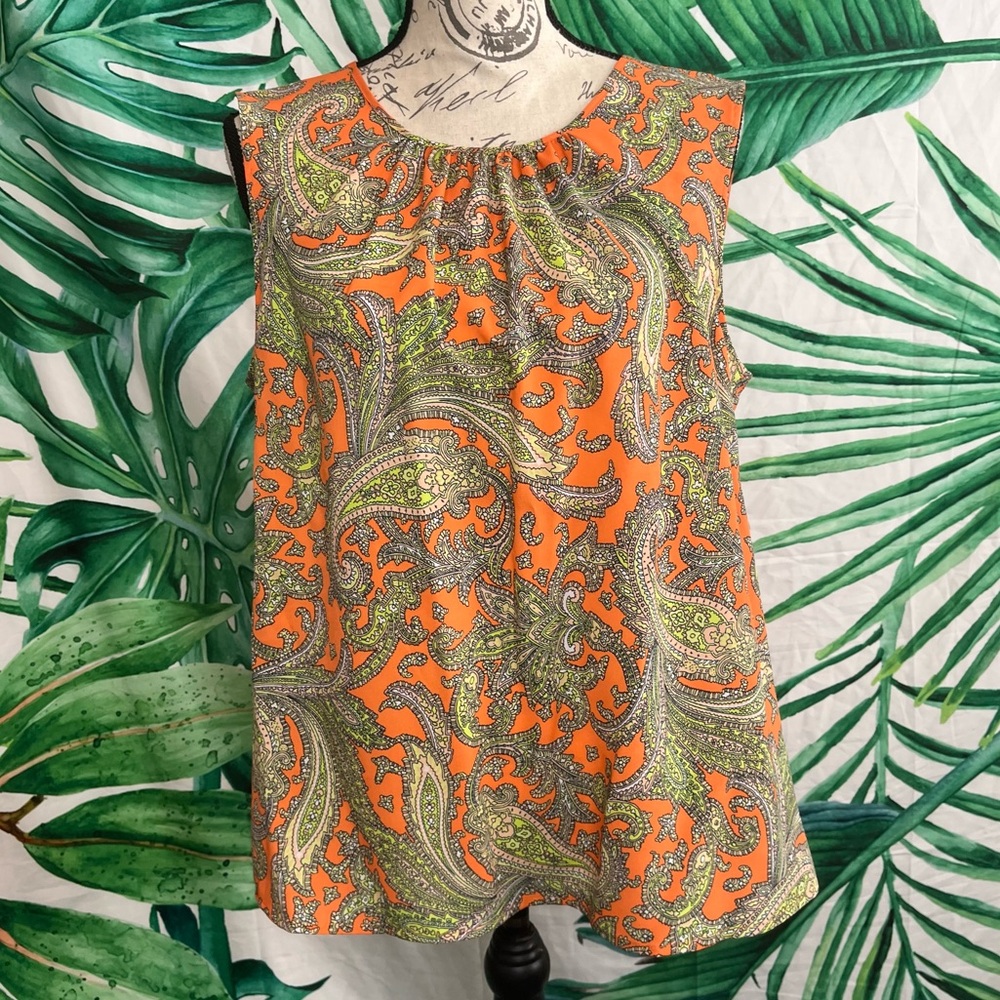 Jones New York 12 Orange Yellow Ornate Paisley Sleeveless Spring Office Blouse